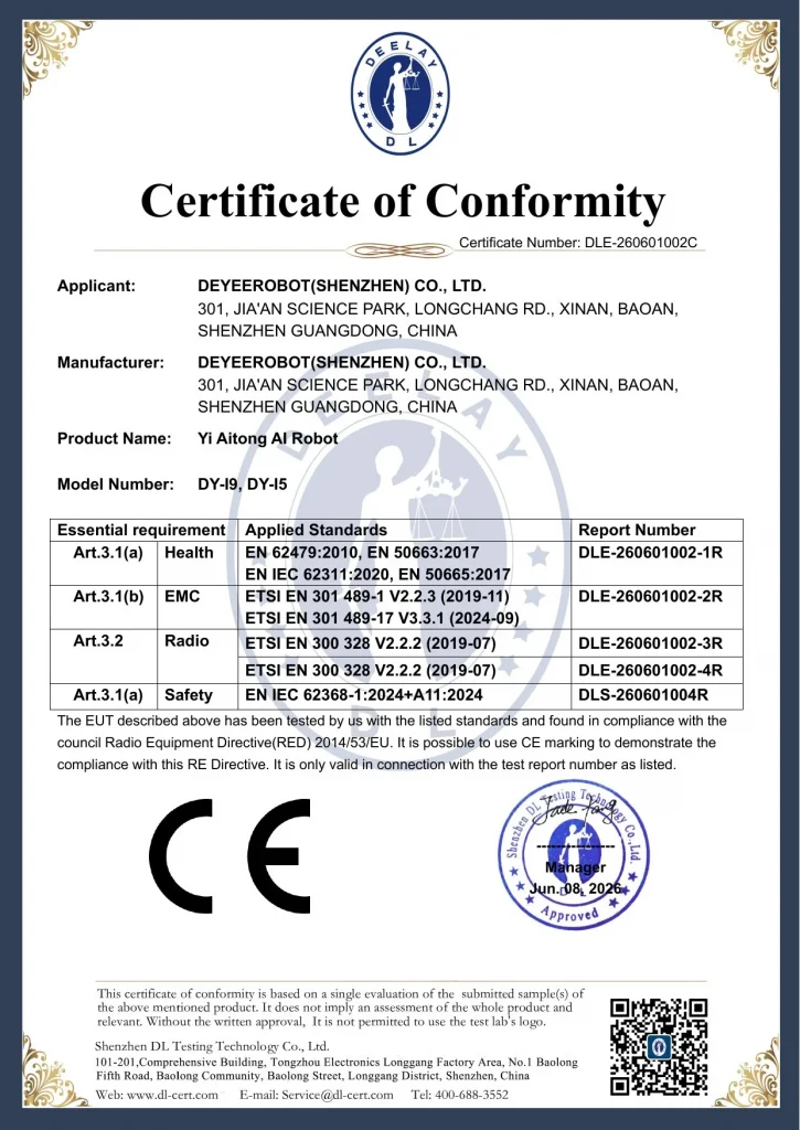 Yiaitong AI Robot CE Certificate