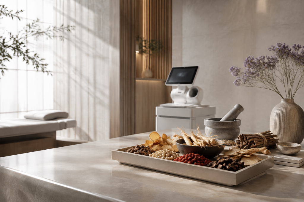 Traditional Chinese medicine and modern AI health technology in a calm wellness setting