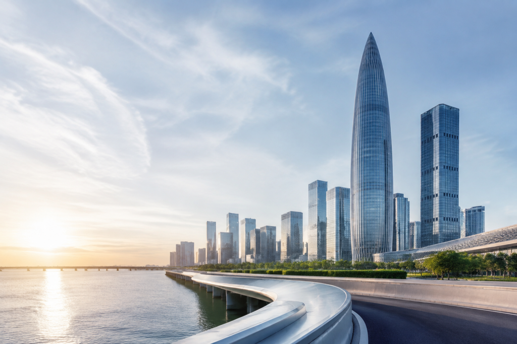 A bright, minimal Shenzhen skyline representing a global AI health vision
